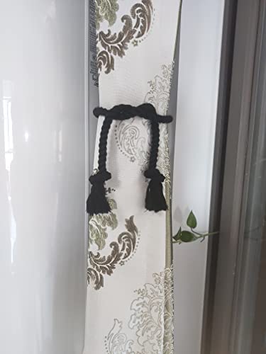 4 Pack Curtain Ties, Outdoor Curtain Tiebacks Rope for Patio Gazebo Pergola Cabana, Natural Cotton Curtain Holders, Village Rural Rustic Farmhouse Curtain Holdbacks for Drapery, Black