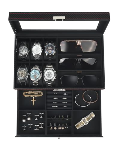 Kukikan Watch Jewelry Box Organizer, 6-Slot 2-Layer Watch Case and Sunglasses Storage with Large Glass Lid, Men's Jewelry Box with Lock, Watch Holder Display Case, Fathers Day Gift for Dad