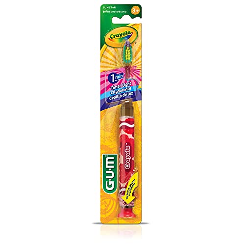 GUM Crayola Timer Light Kids Toothbrush, Soft-Bristled Toothbrush with Suction Cup Base for Ages 3+, 1 Count (Pack of 4)