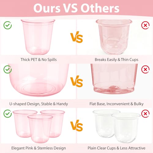 GGOLDMER 50 PCS Pink Plastic Cups - 12oz Disposable Stemless Wine Glasses, Clear Pink Cocktail Party Cups for Valentine's Day, Baby Shower, Wedding, Birthday Party