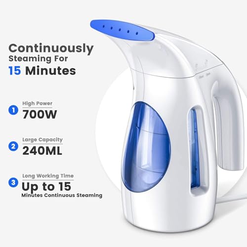 HiLIFE Steamer for Clothes, Portable Handheld Clothing Steamer, 240ml Big Capacity, 700W, Strong Power, Fabric Quick Wrinkle Remover with Brush for Home, Office, Travel (ONLY 120V) -Blue