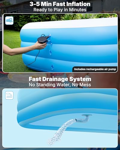 Extra Large Inflatable Pool for Adults and Kids, 145" x 74" x 22" Blow Up Pool for Family, Oversized Inflatable Pools with Canopy & Pump, Large Inflatable Swimming Pool for Backyard Outdoor