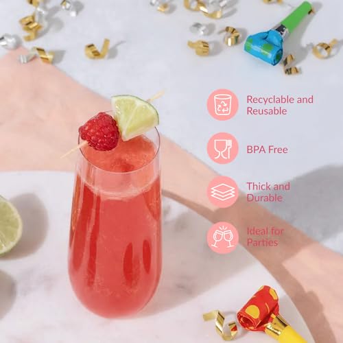 Prestee 24 Plastic Champagne Flutes - 9oz Heavy Duty Stemless Champagne Glasses for Parties - Disposable Clear Plastic Toasting Glasses, Mimosa Glass for New Year’s Eve Party Supplies