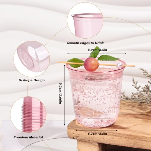 KesaPlan 50 Pcs Pink Plastic Cups, 12oz Disposable Stemless Wine Glasses for Cocktail Cute Clear Cocktail Wine Glasses Pink Party Cups