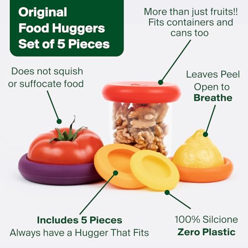 Food Huggers 5pc Reusable Silicone Food Savers | BPA Free & Dishwasher Safe | Fruit & Vegetable Produce Storage for Onion, Tomato, Lemon, Banana, Cans & More | Round, Autumn Harvest