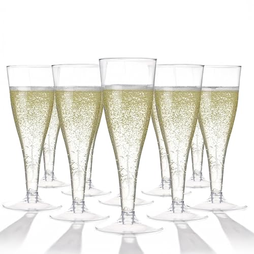 Prestee 100 Pack Clear Plastic Champagne Flutes - 4.5 oz Durable Disposable Champagne Glasses for Parties, Weddings, Toasting and Large Celebrations - Elegant Wine Glasses Stemware for Easy Cleanup