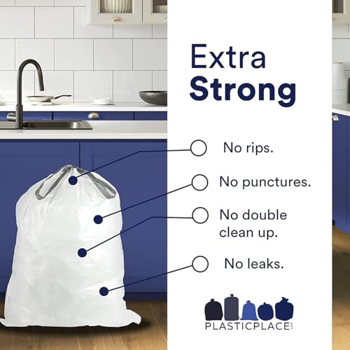 Plasticplace Trash Bags, Compatible with Simplehuman Code H, 8-9 Gallon Trash Can Liners, White Drawstring Garbage Bags, 100 Count Heavy Duty