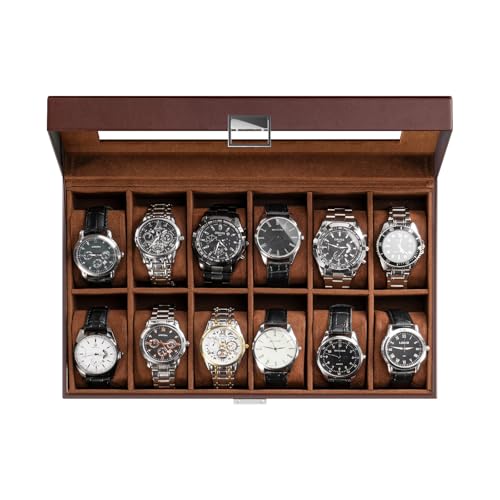 ProCase Watch Box Organizer, Fathers Day Gift for Dad, 12 Slot Watch Display Case With Glass Lid, Watch Storage Holder Mens Watch Case, Anniversary Birthday Gifts -12 Slot, Brown