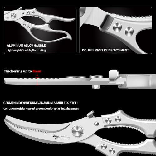 MAD SHARK Heavy Duty Poultry Shears, Kitchen Shears with Non-Slip Handle & Safety Lock, All Purpose Kitchen Scissors for Chicken, Meat Cutting, Turkey, Fish, Vegetables, Spring Loaded, Dishwasher Safe