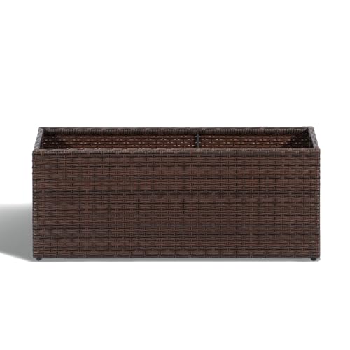 SUNNYPARK Brown Rectangular Planter Box All-Weather PE Rattan Large Modern Planters with Removable Liner Indoor Outdoor Decorative Flower Pot for Patio, Balcony, Garden