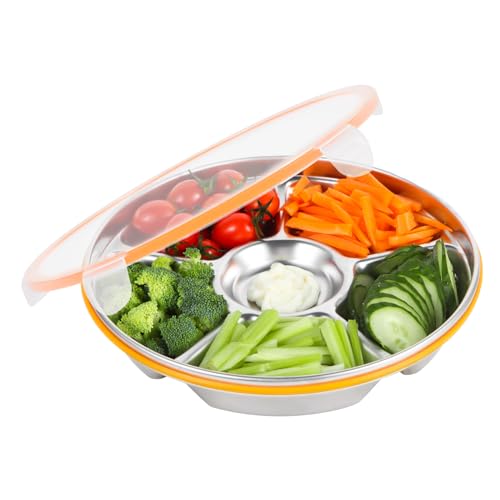 6-Compartment Stainless Steel Serving Tray with Lid - 10-inch Divided Snack/Vegetable/Fruit Tray for Christmas Parties, Snackle Box & Platter Container