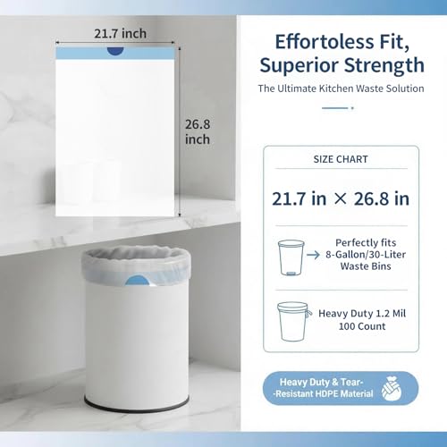 8 Gallon Trash Bags Drawstring 1.2 Mil - 100 Count White Medium Garbage Bags Unscented, 30 Liter Thick Plastic Trash Can Liners for Home Kitchen Bathroom