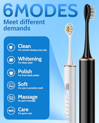 Aneebart Sonic 2 Pack Electric Toothbrush for Adults and Kids, Travel Toothbrush Includes 12 Replacement Toothbrush Heads, 6 Modes with 2 MIN Smart Timer (Black White)