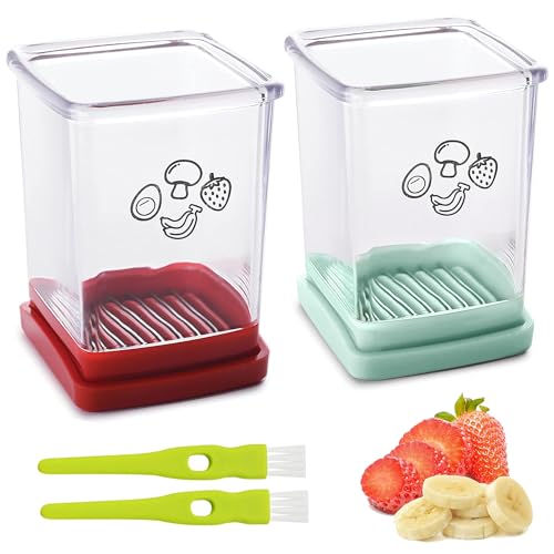 2 Pcs Cup Slicer, Stainless Steel Strawberry & Banana Slicer, Speed Fruit Cutter with Push Plate, Quickly Making Salad, Must Have Kitchen Gadget (Cyan+Red)