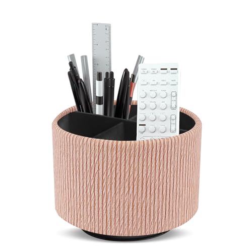 Hennaja Round Leather Art Supply Organizer,Remote Control Holder,360 Degree Spinning,Multi-Functional Pencil Holder,4 Compartments Desktop Stationary Organizer(1-Wood Apricot)