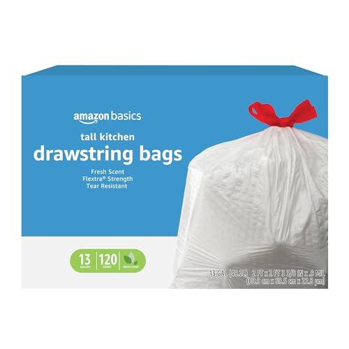 Basics Flextra Strength Tall Kitchen Drawstring Trash Bags, Fresh Scent, Tear Resistant, 13 Gallon, 120 Count