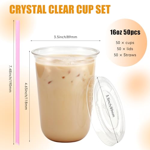 Ziliny 50 Pack 16 oz Clear Plastic Cups with Lids and Straws Disposable Iced Coffee Cups Round Bottom To carry Cup for Coffee Smoothie Cold Drinks Juice Milkshake Tea (Pink)