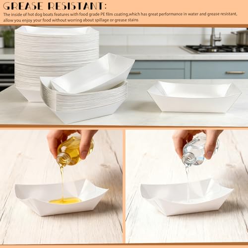 Oomcu 100 Pack 3 lb Heavy Duty Disposable Kraft White Paper Food Trays,Take Out Food Serving Boats Baskets Trays for Party Snacks French Fries Nachos Hot Dogs Tacos BBQ