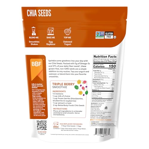 BetterBody Foods Chia Seeds 3 lbs, 48 Oz, with Omega-3, Non-GMO, Gluten Free, Keto Diet Friendly, Vegan, Good Source of Fiber, Add to Smoothies