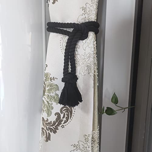 2 Pack Curtain tiebacks Rope, Outdoor Curtain Tiebacks, Natural Cotton Curtain Ties, Village Rural Rustic Farmhouse Curtain Holdbacks Curtain tie Backs Holders for Heavy Duty Drapes, Black