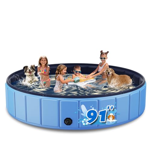 Foldable Dog Pool for Large Dogs, 91” Collapsible Hard-Side Dog Swimming Pool, Leakproof PVC Portable Pet Bath Tub & Kiddie Pool, Non-Slip Bottom, Indoor & Outdoor, Blue