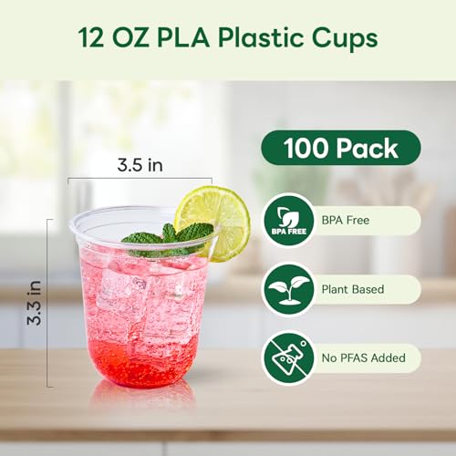 Vplus 12 oz Compostable Clear Plastic Cold Cups, 100 Pack Biodegradable Disposable Cups, BPA & PFAS Free, Plant-Based Plastic Cups for Juice, Wine, Parties, Weddings, and Everyday Use