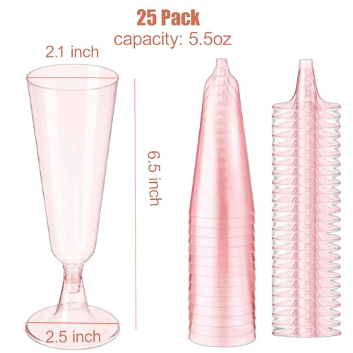 Champagne Flutes Plastic,25 Pack Wine Glasses,Disposable Champagne Glasses,5 Oz Pink Shot Cups,New Year Christmas Party Wedding Birthday Graduation Drinking Dessert Cocktail Cups Decorations