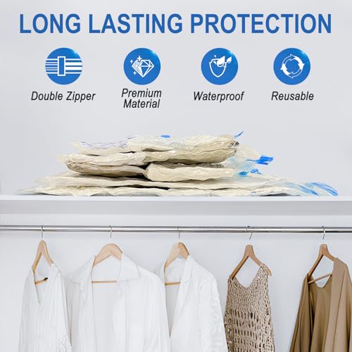 16 Combo Vacuum Storage Bags with Hand Pump, 4 Jumbo + 4 Large + 4 Medium + 4 Small Plastic Packaging Bags, 80% Space Saver Vacuum Seal Bags for Clothing, Travel Lugggage, Blankets, Comforters