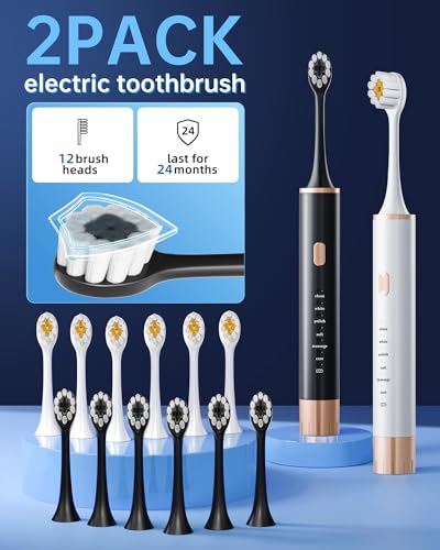 Aneebart Sonic 2 Pack Electric Toothbrush for Adults and Kids, Travel Toothbrush Includes 12 Replacement Toothbrush Heads, 6 Modes with 2 MIN Smart Timer (Black White)