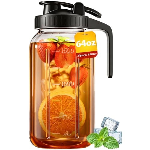 64 oz Mason Jar Pitcher – Airtight & Leakproof Glass Pitcher with Lid, Perfect for Iced Tae, Sun Tea, Cold Brew, Breastmilk, 2 Quart (1/2 Gallon) Mason Jar with Pour Spout Lid Flip-Cap & Handle