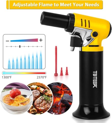 TBTeek Butane Torch with Fuel Gauge T907, One-hand Operation Kitchen Torch Lighter with Adjustable Flame for BBQ, Baking, Brulee Creme, Crafts and Soldering(Butane Gas Not Included)