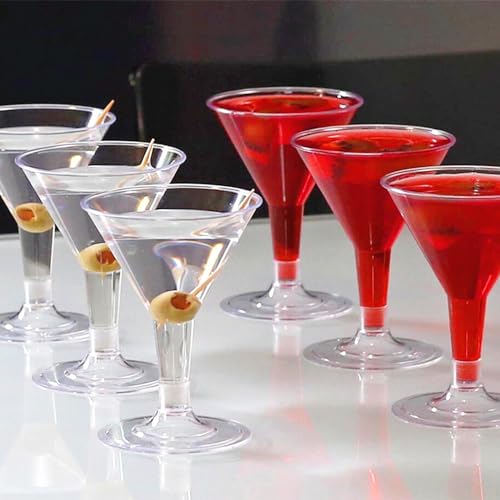 TOFLEN 24 Pack Plastic Martini Glasses 7 oz Cocktail Glasses, Small Reusable Dessert Cups, Clear Stemmed Dessert Shot Glasses for Party Wine, Champagne, Margarita and Appetizers