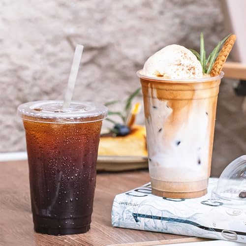 Ginkgo 100-Pack 20oz Clear Plastic Iced Coffee Cups with Lids and Straws, Leak-Proof & Sturdy Disposable To Go Cups for Smoothies, Milkshake, Cold Beverages, Coffee Bar Accessories