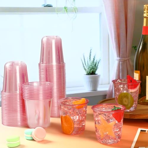 Ziliny 50 Pcs Disposable Stemless Glasses 12oz Crystal Plastic Wine Glasses Clear Classic Pet Cup for Meeting Weddings Birthdays Cocktail Christmas Party Supplies (Pink)