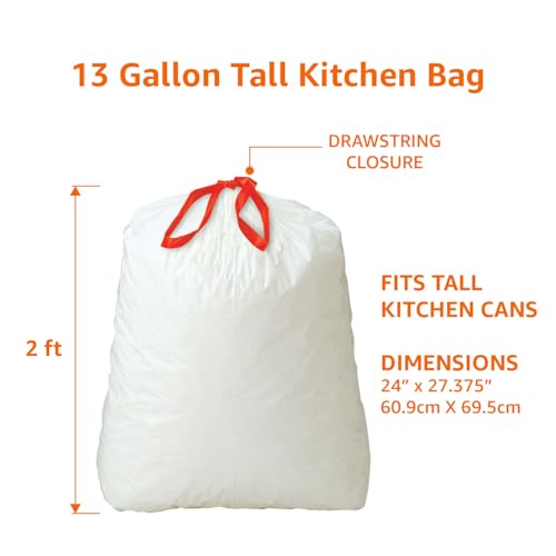 Basics Tall Kitchen Drawstring Trash Bags, Sturdy and Tear Resistant, 13 Gallon, Unscented, 120 Count