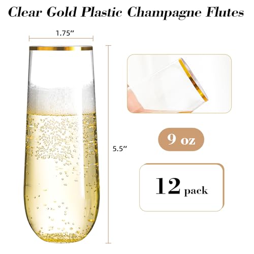 N9R 12PCS Plastic Champagne Flutes, 9 oz Stemless Disposable Gold Rim Toasting Glasses, Crystal Clear Cocktail Cups Drinkware Shatterproof Ideal for Party Wedding Birthday