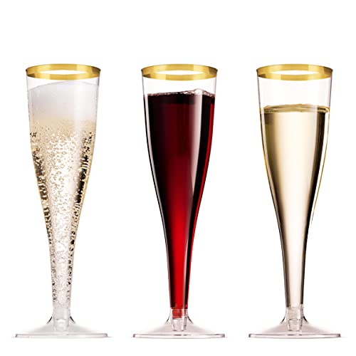 Munfix 100 Pack Gold Plastic Champagne Flutes, 5 Oz Clear Plastic Toasting Glasses Fancy Disposable Wedding Party Cocktail Cups with Gold Rim