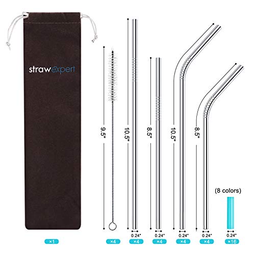 Set of 16 Reusable Stainless Steel Straws with Travel Case Cleaning Brush Silicone Tips Eco Friendly Extra Long Metal Straws Drinking for 20 24 30 oz Tumbler