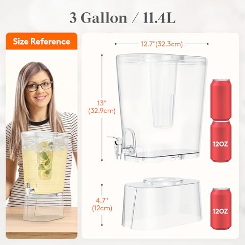Lifewit 3 Gallon Drink Dispenser for Parties, Large Plastic Beverage Container for Juice/Tea/Soda with Stand & Ice Core, Clear Lemonade Dispenser with Spigot, BPA Free Water Pitcher for Hosting