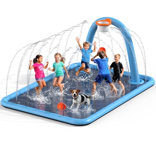 Splash Pad for Kids & Dogs, Large Sprinkler Pad Water Toys with Basketball Hoop, Thickened Non-Slip Splash Mat, Foldable Play Pool & Outdoor Summer Toys Ages 4-12 (102" Splash Pad)