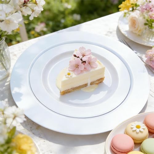 FLOWERCAT 60PCS White Plastic Plates - Heavy Duty White Disposable Plates for Mother's Day/Birthday Party/Wedding -serve for 30 guests Include 30PCS 10.25" & 30PCS 7.5" Plates for Party