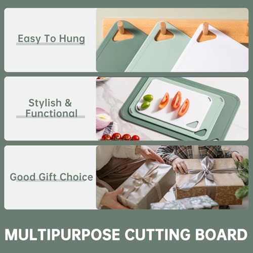 Plastic Cutting Board Set of 3-Cutting Boards for Kitchen BPA Free, Large-Small Chopping Boards Non-Slip for Cooking Camping Dishwasher Safe, Reversible, with Grip Handle, 15"×10"×0.6" Green