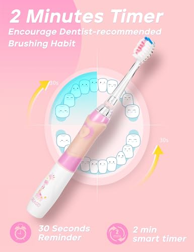 SEAGO Kids Electric Toothbrush with 2 Mins Brushing Timer and 8 Replacement Brush Heads,Rainbow LED Light Makes Brushing Fun, Battery Powered Toothbrush for Boys & Girls 3-6-8 Years Old,Pink