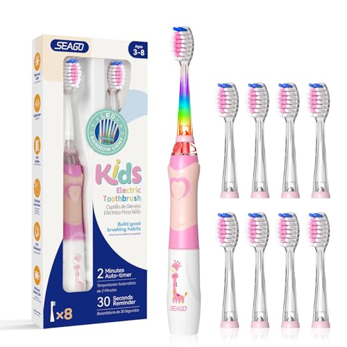 SEAGO Kids Electric Toothbrush with 2 Mins Brushing Timer and 8 Replacement Brush Heads,Rainbow LED Light Makes Brushing Fun, Battery Powered Toothbrush for Boys & Girls 3-6-8 Years Old,Pink