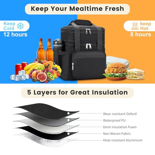 holuxer Insulated Lunch Bag & Lunch Box for Men - Double Deck Reusable Lunch Bag for Women Tote Cooler Bag Leakproof Soft Expandable - Large Lunchbox for Work/Adult/Picnic/Outdoor (Black，15L)