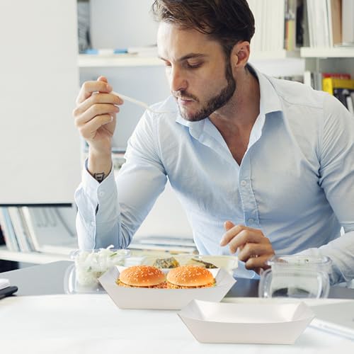 Oomcu 100 Pack 3 lb Heavy Duty Disposable Kraft White Paper Food Trays,Take Out Food Serving Boats Baskets Trays for Party Snacks French Fries Nachos Hot Dogs Tacos BBQ