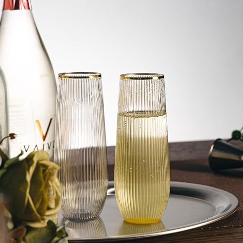 HOMIP 36pcs Plastic Champagne Flutes with Gold Rim - 9oz BPA-free Disposable Champagne Glasses, Ribbed Ripple Design for Weddings, Parties, Bars & Events (Stemless, Durable)