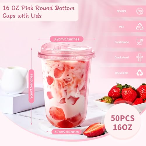 KesaPlan 50 Pack 16 oz Pink Plastic Party Cups with Sip Lids, Disposable Iced Coffee Cup with Lid, Round Bottom Stemless Glasses Drinking Cups for Valentine's Galentine's Bachelorette Party Holiday