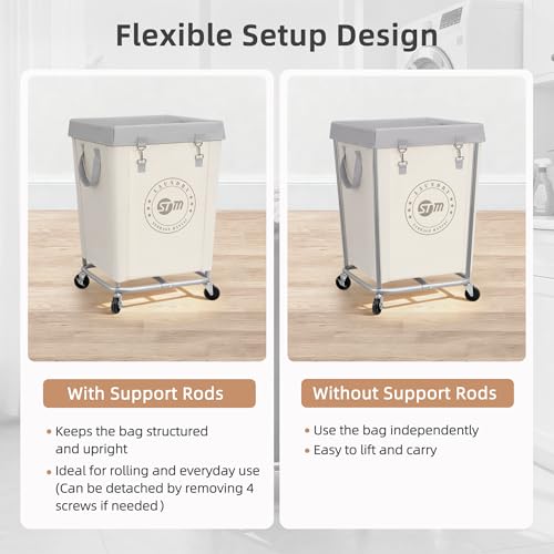 STORAGE MANIAC Commercial Laundry Hamper with Heavy Duty Steel Frame, 160 L Industrial Laundry Basket Cart with Wheels for Hotel, Home, Laundry Room, 18''L x 18''W x 31''H, Medium Beige