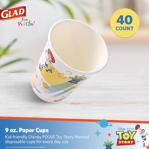 Glad for Kids Disney Pixar Toy Story Disposable Paper Cups, Light Beams - Heavy Duty Soak-Proof Kid-Friendly Drinking Cups, Great for Everyday Meals and Snacks, 9 oz, 40 Count